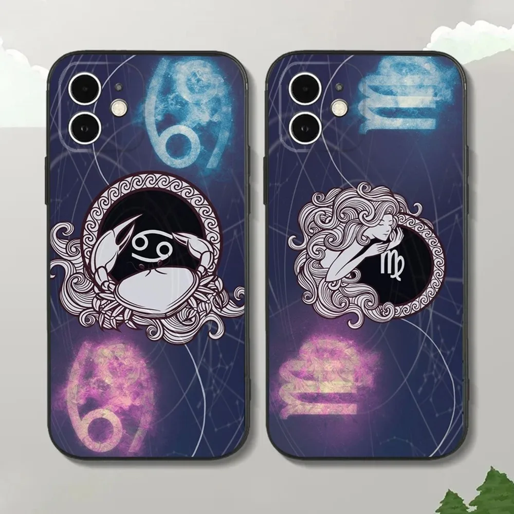 

12 Zodiac Sign Stars Pattern Phone Case For iPhone16,15,14,13,12 Mini 11 Pro XR,X,XS,MAX 7,8 Plus Silicone Cover Soft Black