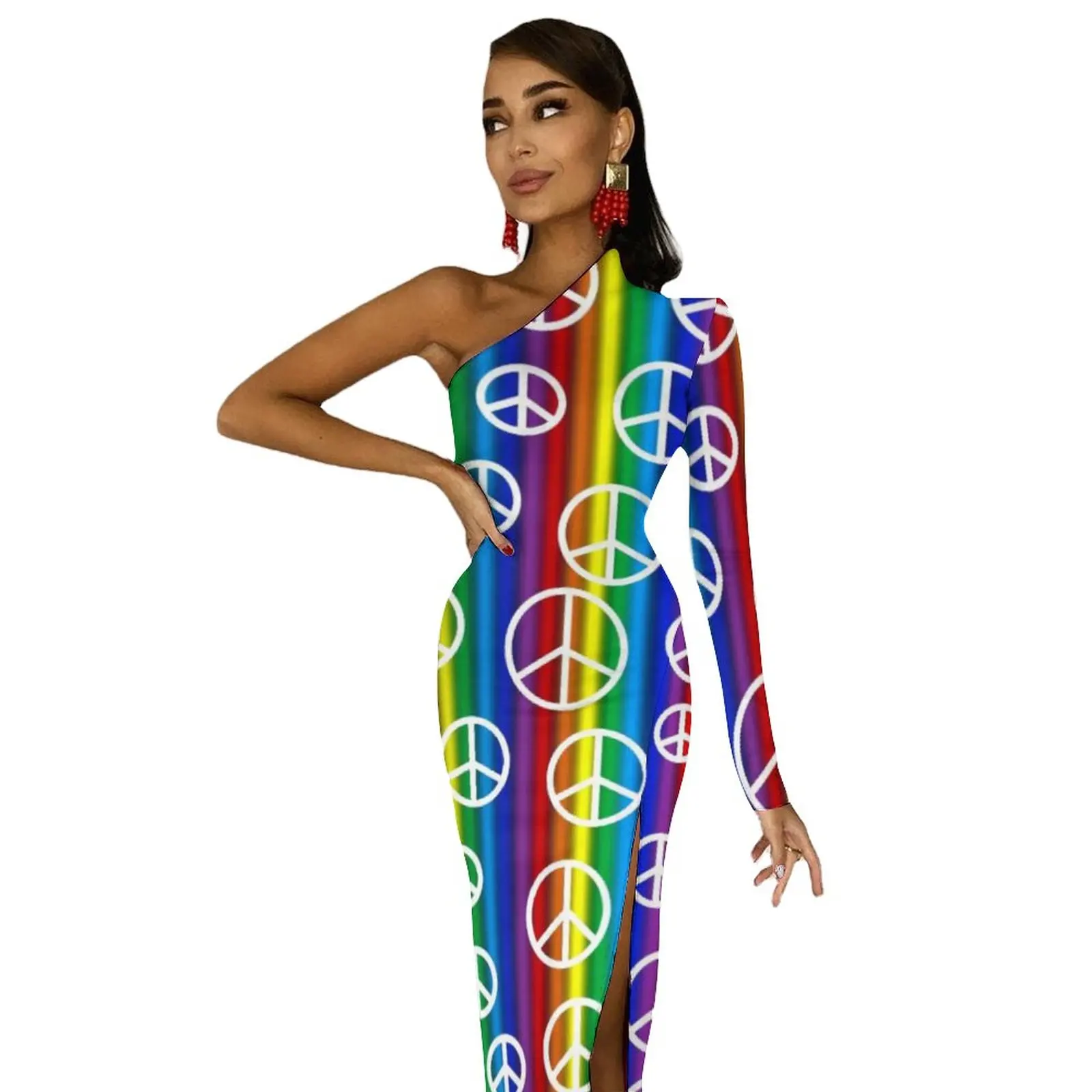 Frieden Zeichen Bodycon Kleid Herbst Regenbogen Streifen Druck Vintage Hohe Slit Lange Kleider Frauen Schulter Grafik Streetwear Kleid