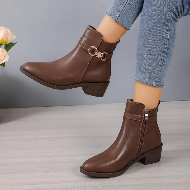

British Style Ankle Boots Black Brown Womens Shoes Autumn/winter Round Toe Side Zipper Solid Colors Square Heels Booties Zapatos