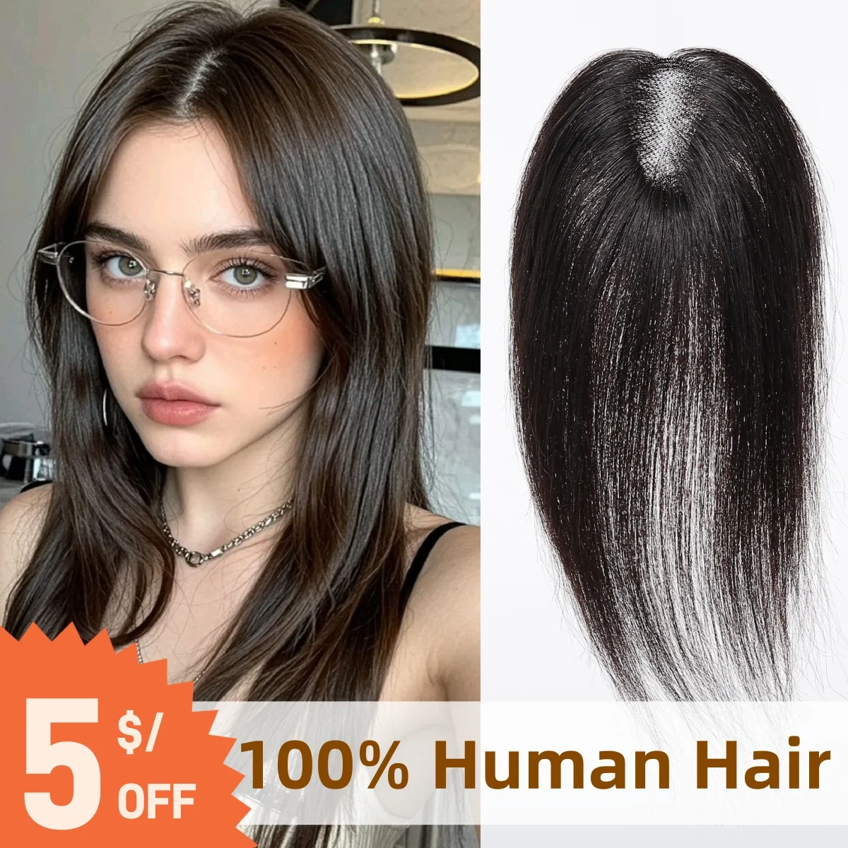 Natural Black Human Hair Toppers 10 Inch Remy Human Hair 3 Clips in Hair Extension Middle Part for Women Daily Use Thinning Hair