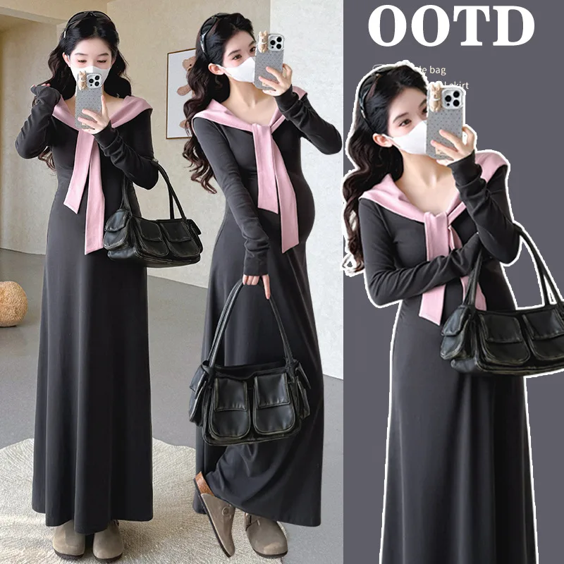 

Платье для беременных весна-осень 2026: Нежное, элегантное, с завязками на шее, длинными рукавами, завышенной талией, макси-платье для беременных женщин