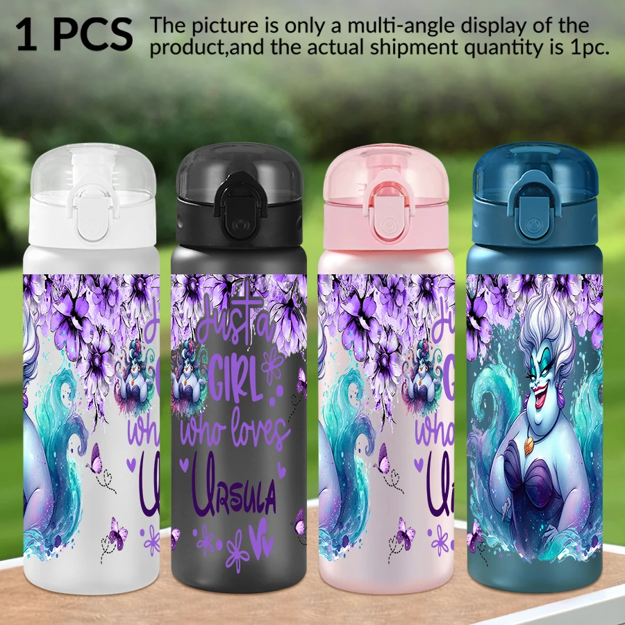 Botella de agua de plástico con patrón de flores moradas de Disney Ursula, taza de agua para deportes al aire libre, regalo de cumpleaños/regreso a casa, 26oz, 1 ud.