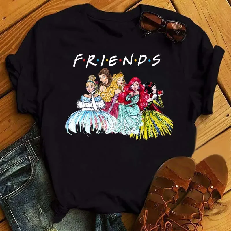 Camiseta de princesa kawaii feminina, camiseta preta, desenhos animados fofos, moda de amigos, roupas femininas