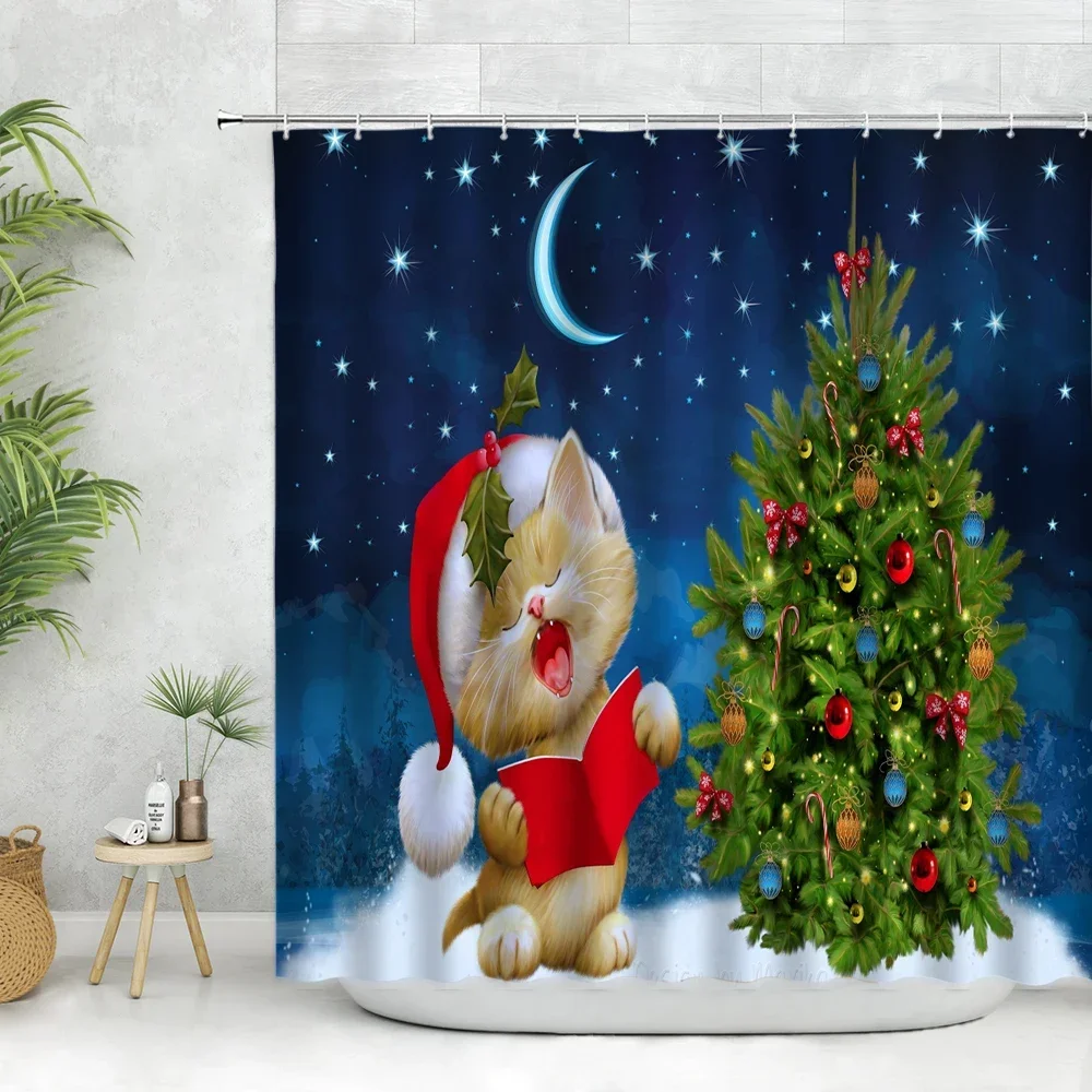 Christmas Shower Curtain Fabric Pine Branch Xmas Ball Pentagram on Blue Wooden Board Farm Farmhouse Decor Bathroom Accessory Set