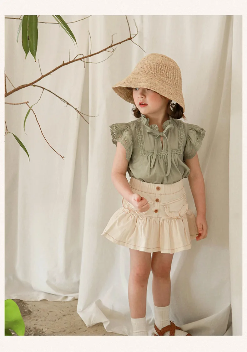 Children Clothing Kids Solid Color2024 New Summer Fashion Girls Thin Cotton Wood Collar Embroidered Lace Shirt T Shirt