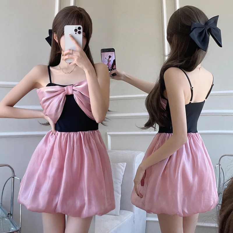 Traje de baño sexy de moda coreana con lazo, monos de una pieza, mini vestido de retazos, culottes, bikinis, traje de baño acolchado, trajes de playa dulces