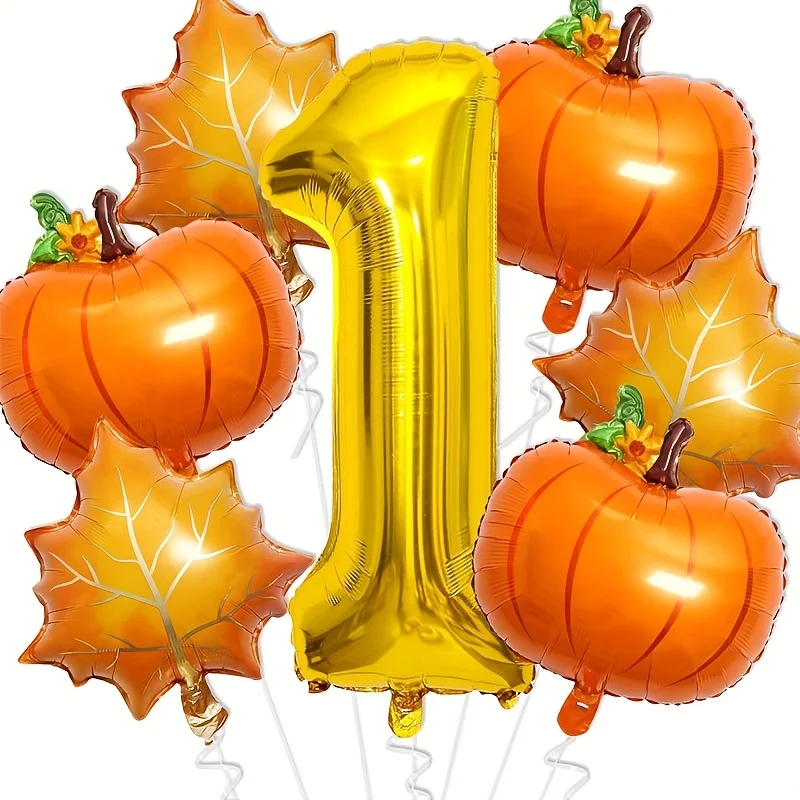 7-teiliges Set Kürbis- und Ahornblatt-Folienballons mit goldenen Zahlenballons für Erstgeburtstag, Herbst und Thanksgiving-Dekoration