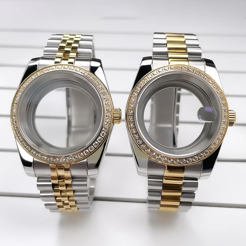 36/39mm NH35 Watch Case Mod Two Tone YG Gold Diamond Bezel DJ President Jubilee Strap Sapphire Screw Crown Resistant for NH35