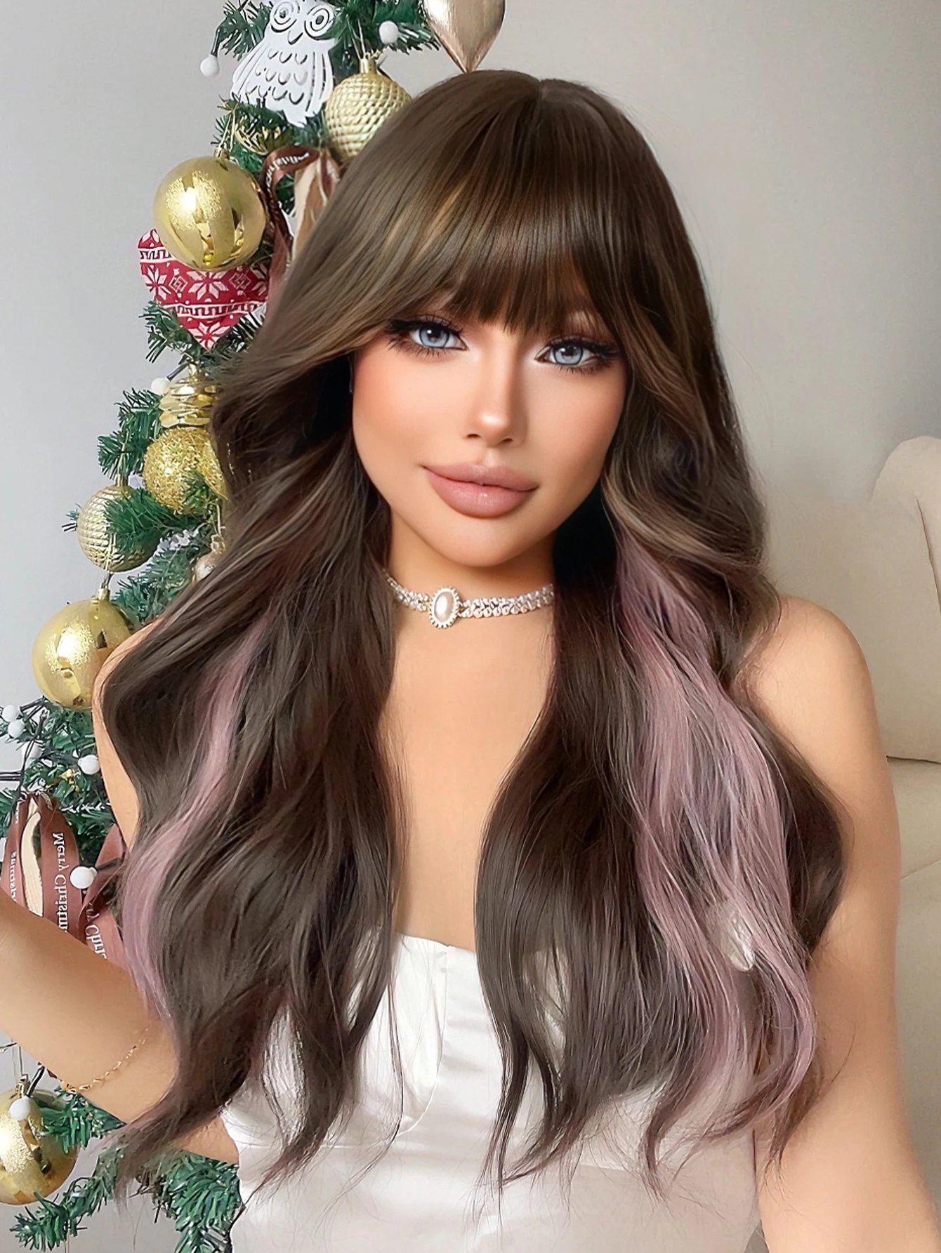 

28Inch Brown Highlight Pale Lavender Synthetic Wigs With Bang Long Natural Wavy Hair Wig For Women Daily Use Heat Resistant