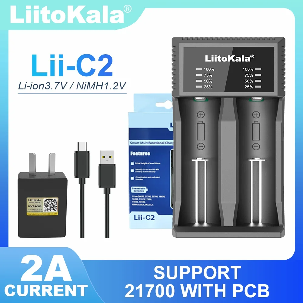 LiitoKala Lii-C2 uniwersalna ładowarka 3,7 V pasuje do akumulatorów 18650 21700 26650 17500 1,2 V AA AAA, można obciążć 21700 1-5 sztuk