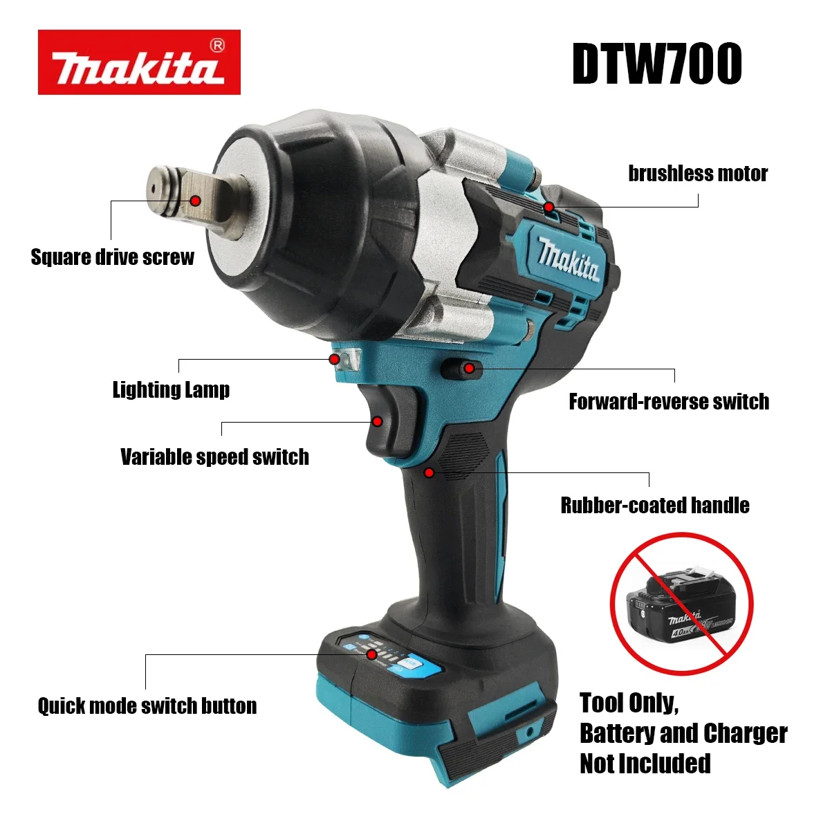 

Makita DTW700 Brushless Cordless Impact Wrench 1/2" Rechargeable Power Tool Compatible with Makita 18V LXT Lithium Battery