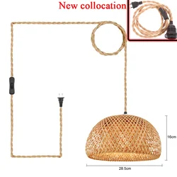 Hand Woven Bamboo Lampshade, Hemp Rope Pendant Light, Hanging Chandelier Lights, Fit for Living Room, Dining Room, Bedroom, Kitchen, EU Plug