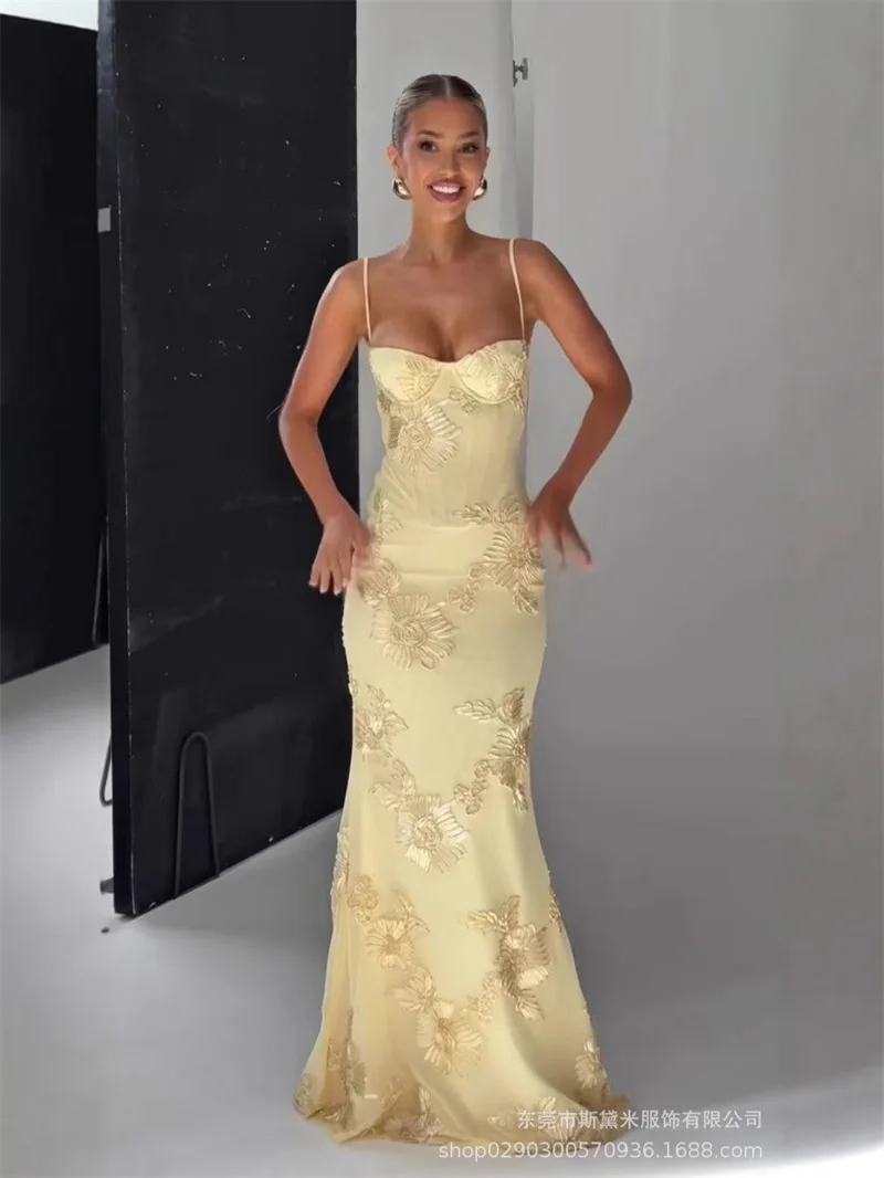 

Yellow Mermaid Embroidery Women Prom Dress Sexy Stripe Sleeveless Sheath Long Party Gown Robe Formal Red Carpet Evening Gown