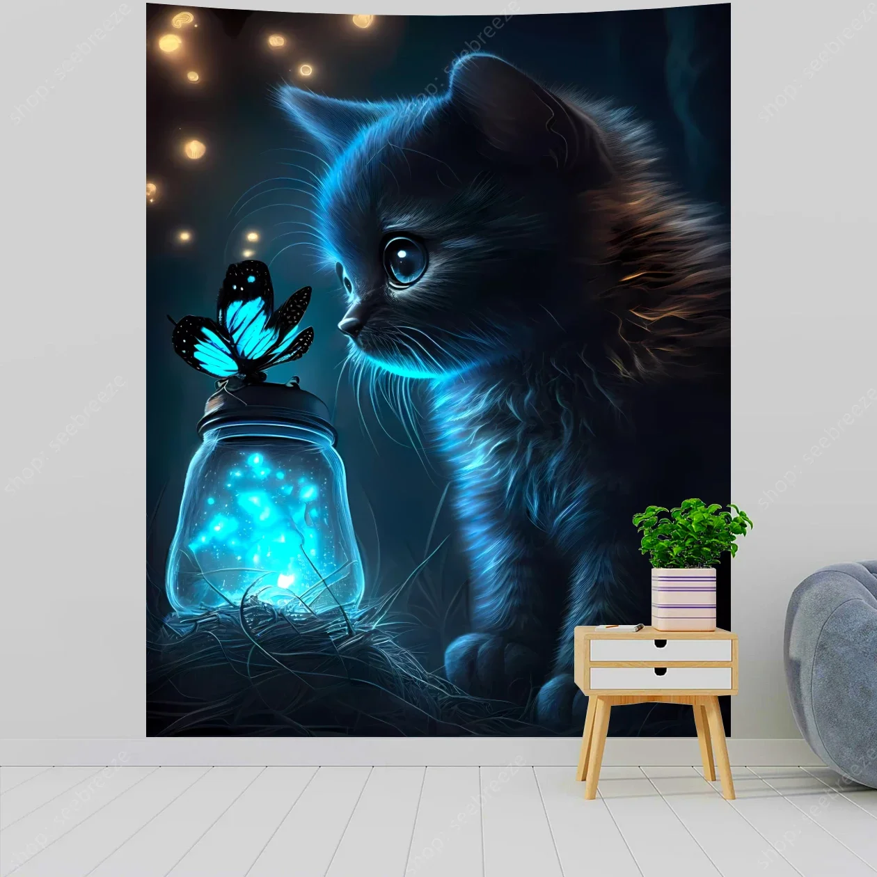 Cute Cat Tapestry Witchcraft Hippie Wall Hanging Bohemian Mandala Art Aesthetic Kawaii Room Wall Decor Yoga Mat Gift for Friends