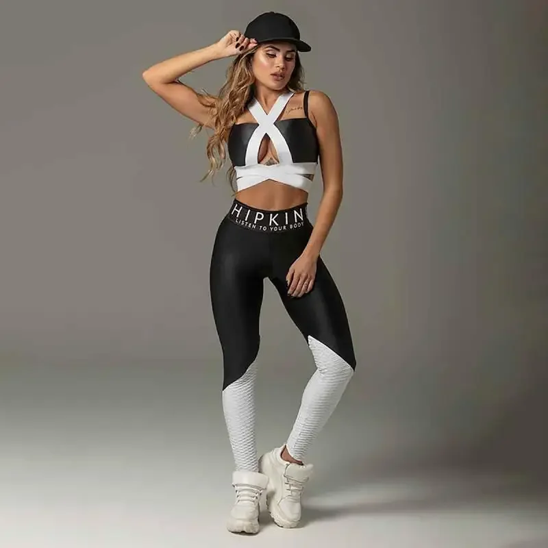 Oshoplive Women Fashion Contrast Color Cross Cutout Back Exposed Navel Yoga Sexy Bra &legging Pants Sports Fitness Two Piece Set