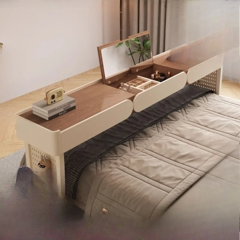 

Medieval cream wind mobile cross bed table solid wood bedside table with drawers lazy computer table long bedside dresser