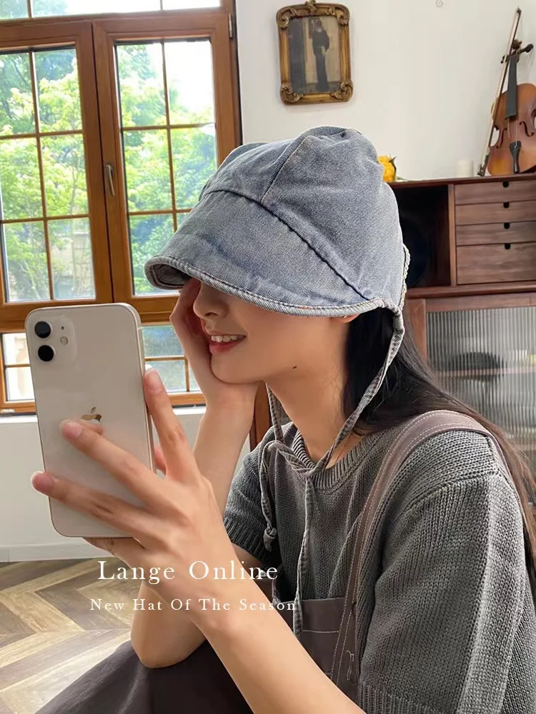 2024 neue Japanische und Koreanische Retro Denim Eimer Hut frauen Mode Krawatte Vier Jahreszeiten Gewaschen Denim Becken Hut Kurze krempe Sonnenhut – Detail 2