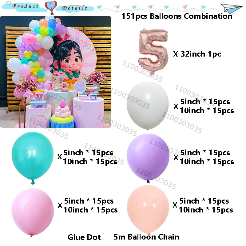 151pcs Wreck It Ralph Cartoon Vanellope Von Schweetz Theme Birthday Party Balloons Garland Kit Age 1-9 Foil Balloon Toys Globos