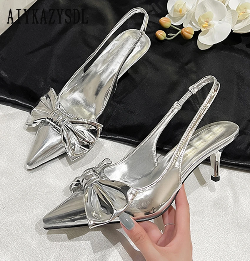 

AIYKAZYSDL 2022, весенние туфли-лодочки с бантом и узлом-бабочкой, женские сандалии с острым носком и пяткой на низком каблуке-котечке, рабочая повседневная обувь серебристого цвета