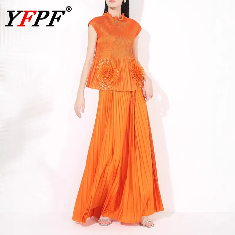

YFPF Summer Miyake Pleated Women Set Fashion Sleeveless Ruffles 3D Floral Spliced Tops + Folds Wide Leg Trousers 2025 New 3A370
