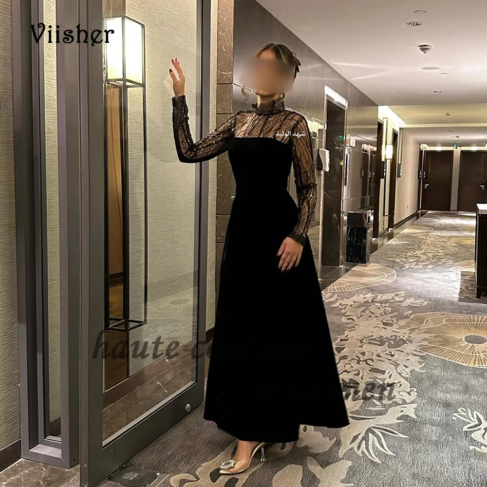 

Black Velvet Evening Dresses Long Sleeve High Neck Arabian Dubai Prom Dress Floor Length A Line Formal Occasion Gowns