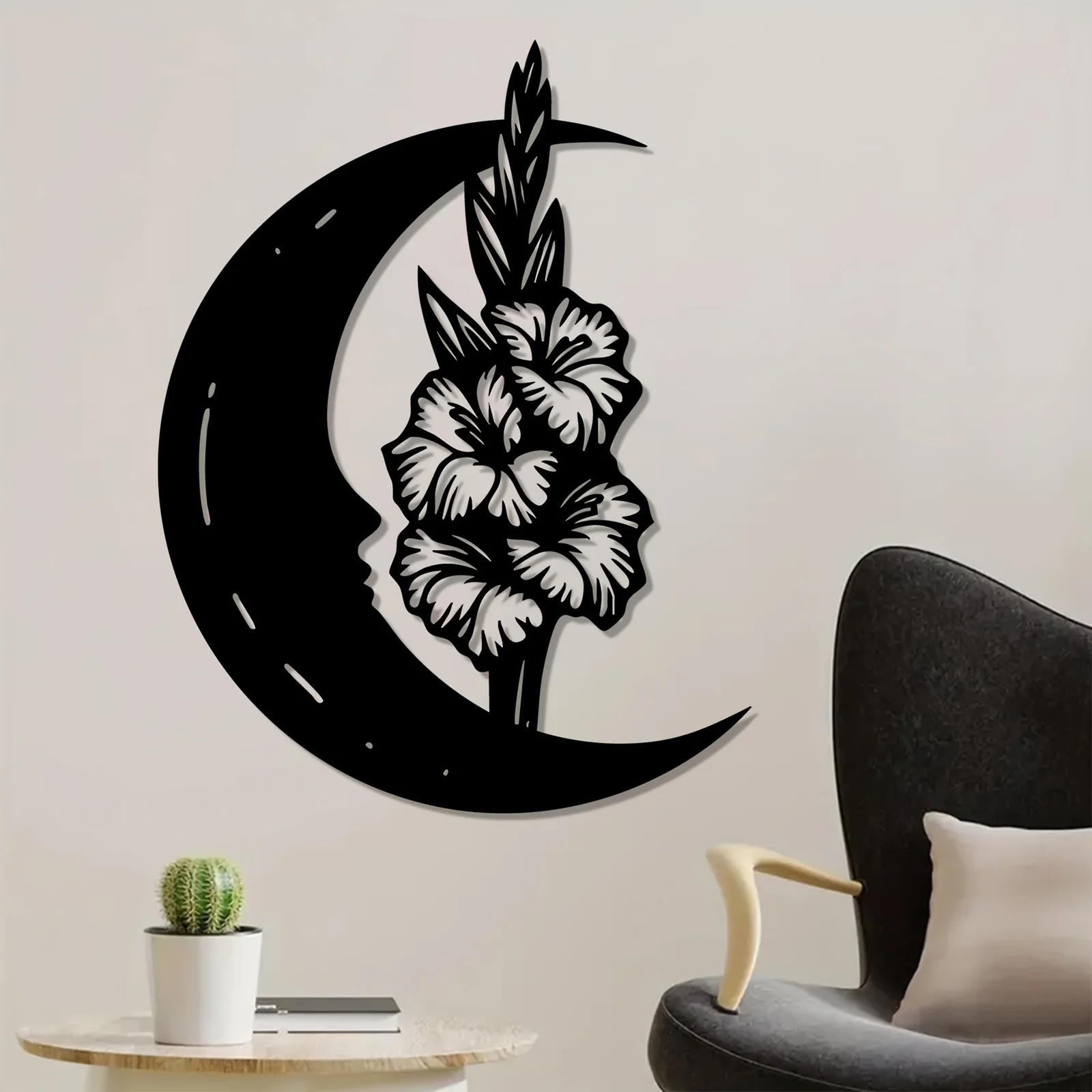 1pc Moon‑Gladiolus‑Flower Silhouette Metal Wall‑Hanging Plaque, 2D‑Flat Laser‑Cut Iron Botanical Celestial Wall Art Sculpture