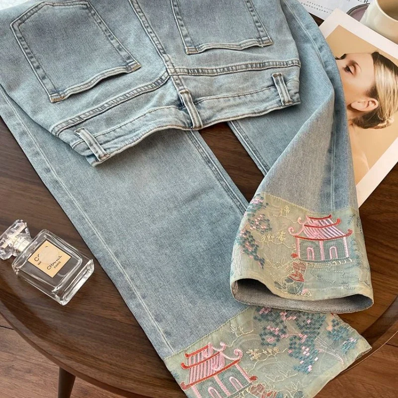 

Embroidered Jeans for Women in Summer New Chinese Style Women's Loose High Waist Slim Narrow Version Wide-leg Pants XT1093