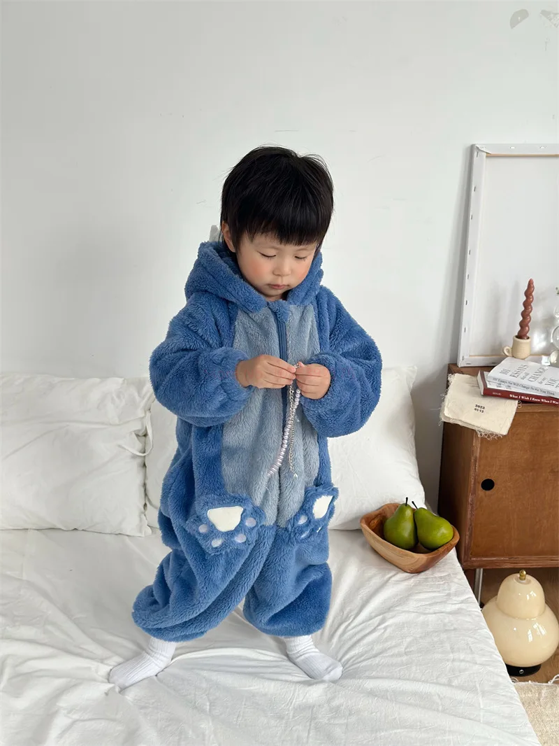 Miniso Anime Zipper Design Stitch Cartoon Male And Female Onesies One-piece Pajamas Warm Soft Thicken Nightgown