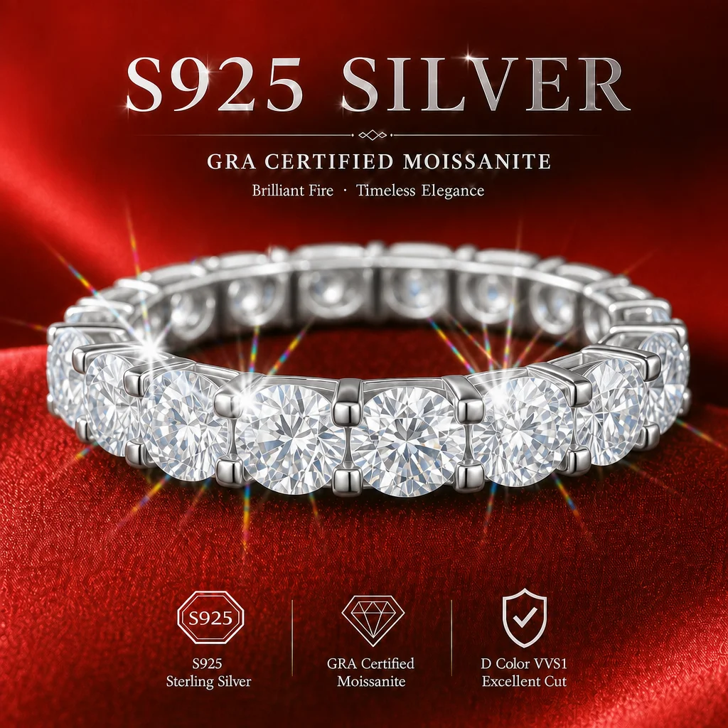 Mit GRA-Zertifikat S925 Sterling Silber 3,0mm Vollmoissanit-Ring D VVS1 3EX Schliff Funkelnder Moissanit-Band Hochzeits- und Partygeschenk – Detail 3