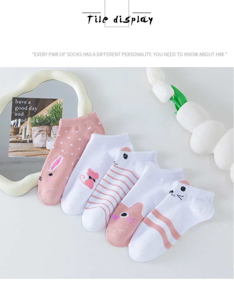 5 Paar kurze Damensocken, Pink Cat Thin, niedliche Ganzjahres-Bootsocken, Slow Top, modische Bootsocken – Detail 12
