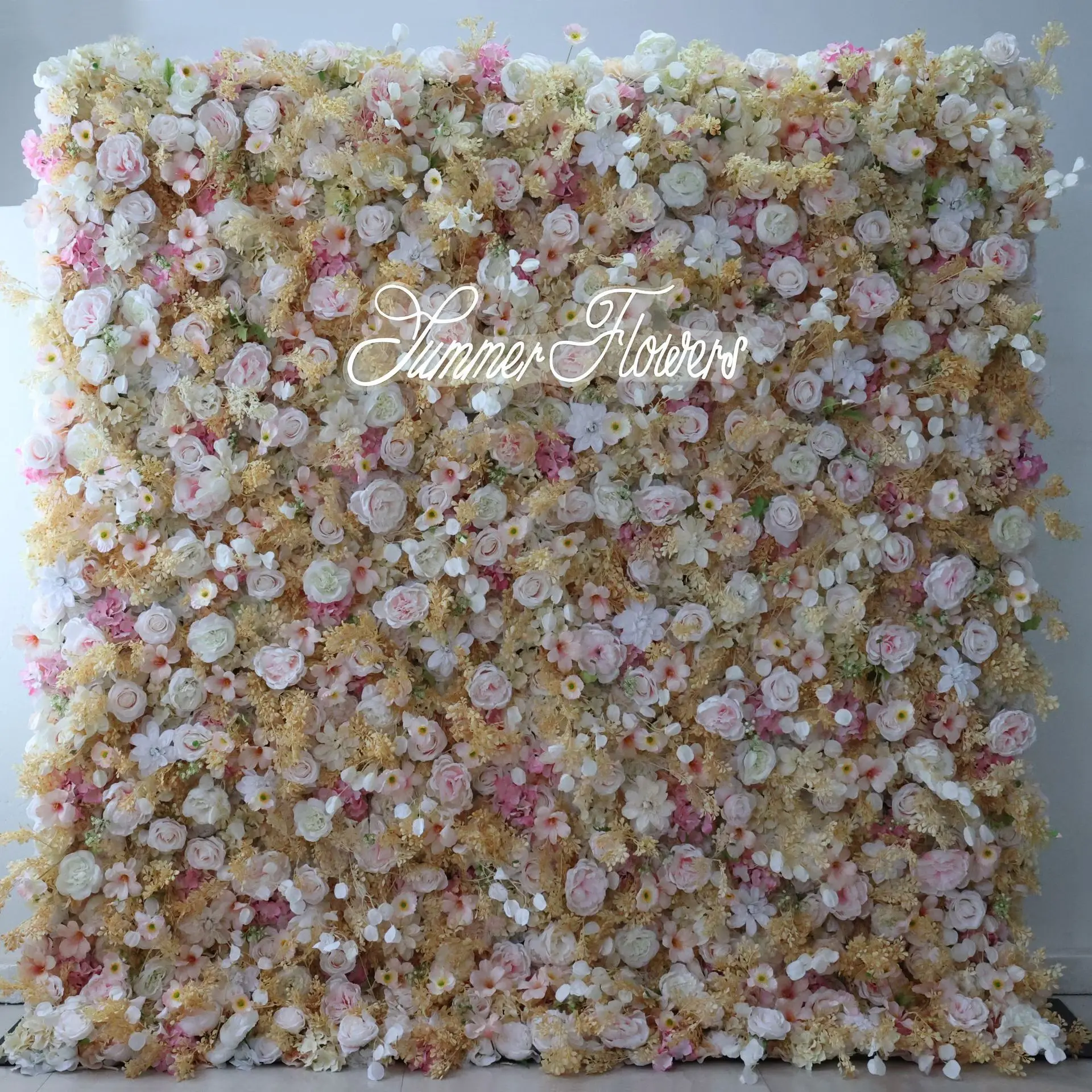 

Mixed Flower Series White Pink Rose Peony Champagne leaves 3D artificial plant Flower Wall outdoor wedding background decoration