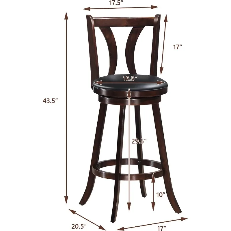 Bar Stools Set of 2, 360-Degree Swivel Stools with Leather Padded Seat, Single Slat Back & Solid Rubber Wood Legs,  (2, 29inch)