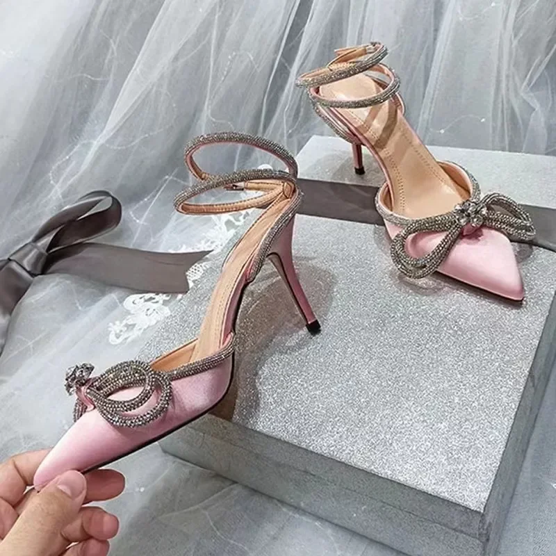 Women\'s Crystal bowknot Satin Pumps Fashion Glitter Rhinestones Shoes Genuine Leather High Heels Party Prom Sandals 2023 Summer