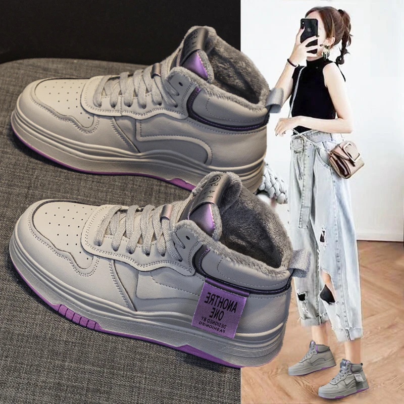 Women High Top Genuine Leather White Sneakers 2026 Autumn Winter New Hot Korean Versatile Fleece Lined Thick Platform Casual Spo