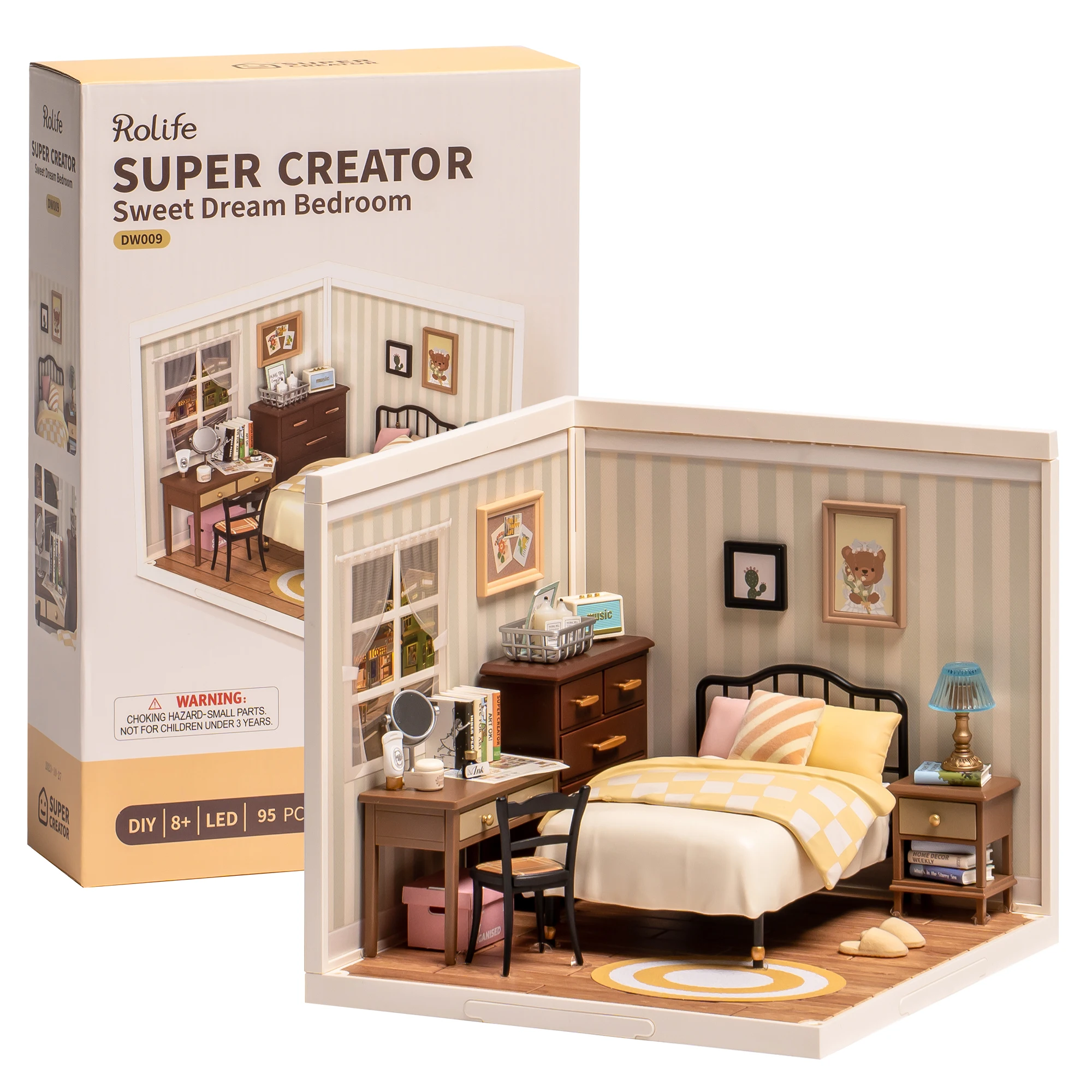 Robotime Kit rumah miniatur DIY, Kit blok bangunan 3D, toko Super mimpi manis Kamar Tidur plastik