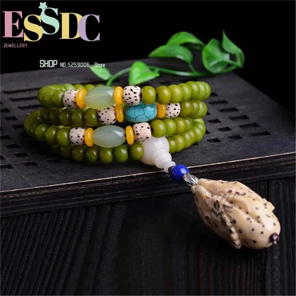 

New Design Hot Sale Hainan Original Color Green Bodhi Root Tibetan Polished 108 Beaded Bracelet for Men Prayer Meditation