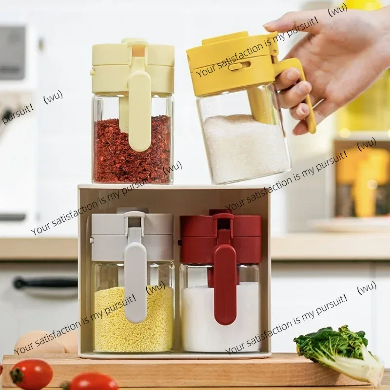 Household kitchen Moisture-Proof Seasoning Jar Salt Container 2 in 1 Glass Spice Bottle Spoon separation Glass Seasoning Can