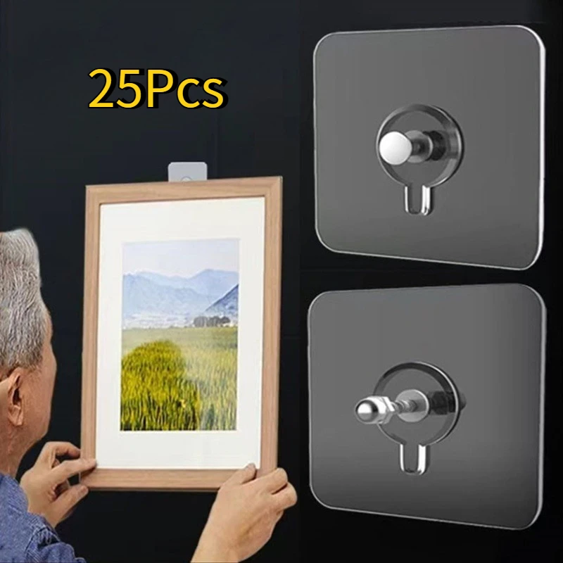 25Pcs PVC Strong Adhesive Nails Wall Poster Seamless Wall Hook Waterproof Durable Transparent Kitchen Bathroom Screw Hook Hanger
