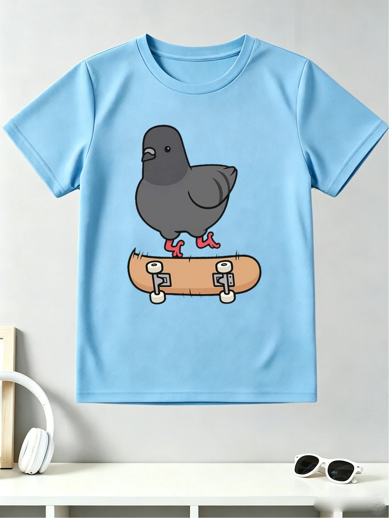 Cartoon Pigeon Riding Skateboard Cool Bird Animal Graphic Print T Shirt Family Matching Boys Girls Kids Short Sleeve Daily Tees