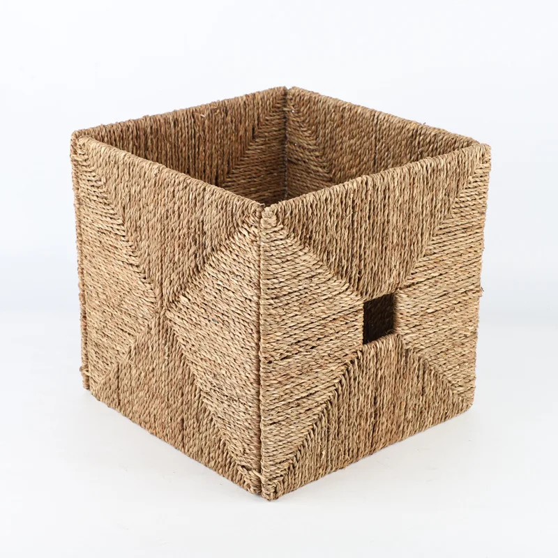 Window Design Straw Storage Basket, Foldable Seaweed Hand-woven Clothing Toy Square Wrought Iron Storage Box