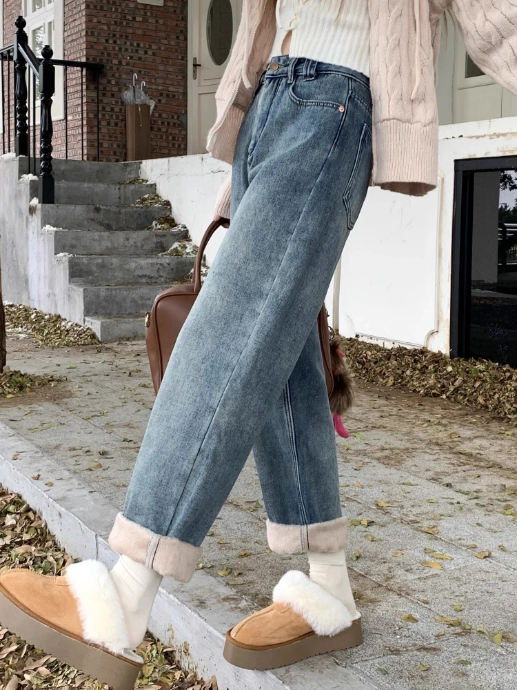 

Утепленные флисовые джинсы с высокой талией и прямыми штанинами, женские, осенне-зимние, новая модель, свободные, зауженные, в стиле Harlan Dad Pants