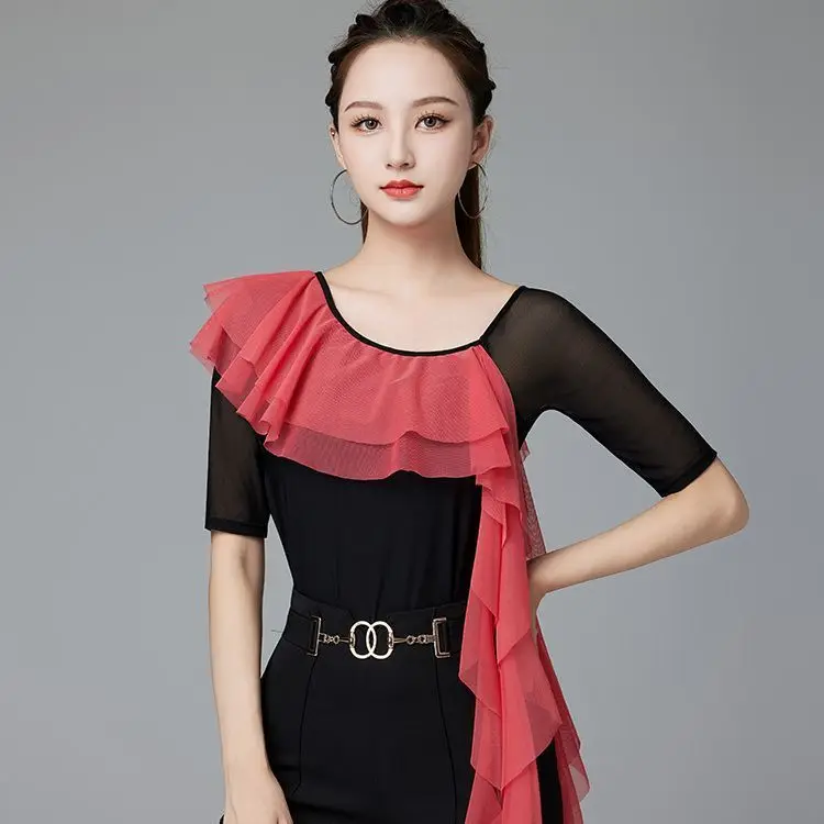 Modern Dance One-Piece Suit with Lace Shoulder Drapery Sleeve T-Shirt Latin Dance Practice Top Polyester Fiber 100%