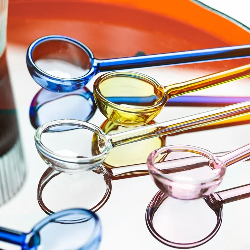 1pcs Creative Glass Milk Spoon Colored Transparent Coffee Dessert Stirring Spoon Long Handle Kitchen Tableware Stirrer Rod