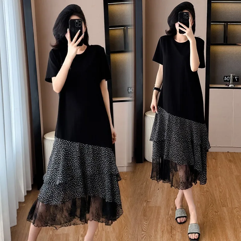 Zomer Casual Jurk 2025, Koreaanse Vrouwen Kant Golf Punt Stiksels Bloemen Jurk Westerse Stijl Losse Afslanken T-shirt Jurk