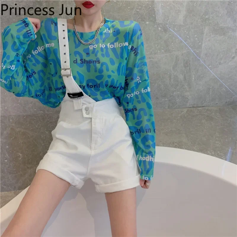 Wide-leg Pants Fashion Mini Denim Overalls One Shoulder Strap Jumpsuit Blue White Jeans Casual Loose Shorts Trousers  In stock