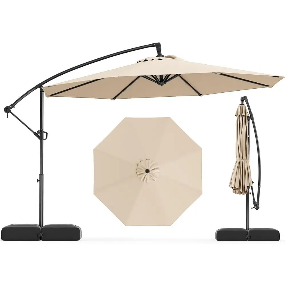 

10t Patio Umbrella with Base, Cantilever Outdoor Umbrella with Infinite 360 Degree Rotation, Crank Handle, Sun-Protective or Poo
