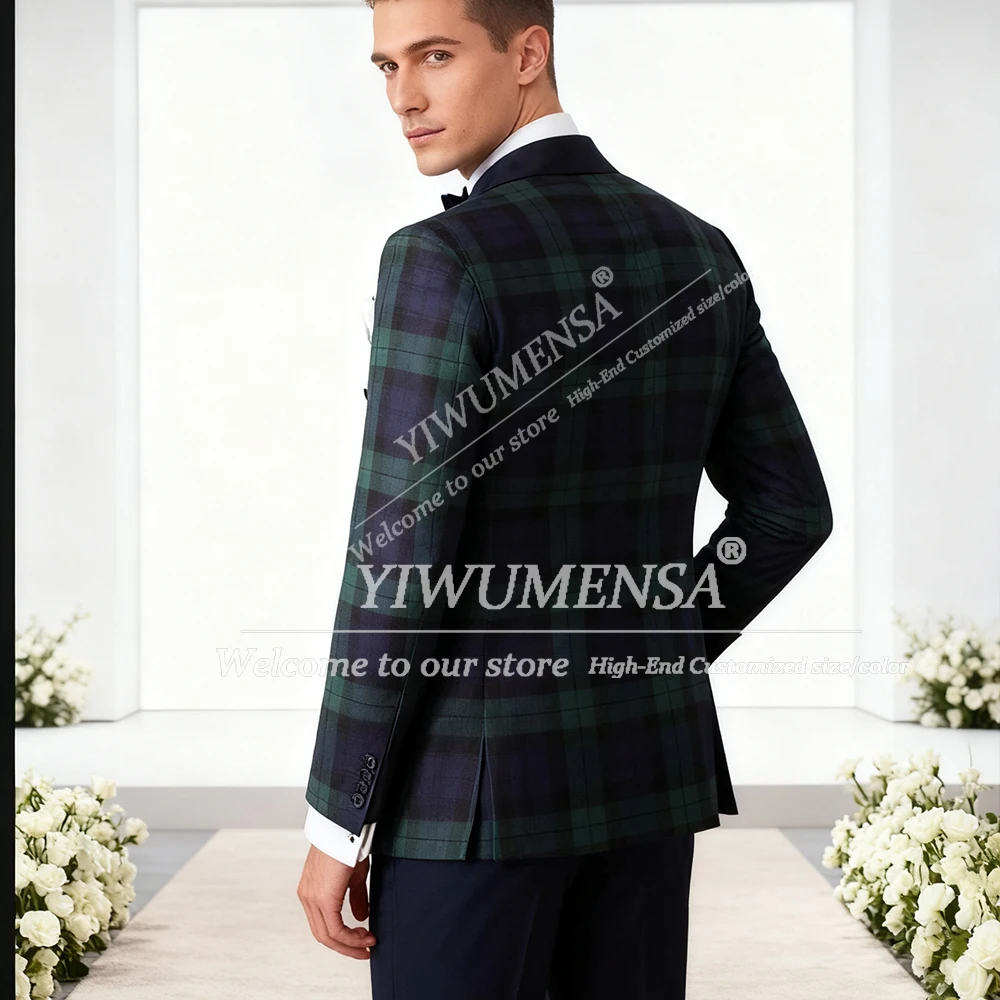 Classic Plaid Check Suits Men For Business Party Shawl Lable Blazer Pants 2 Pieces Sets British Style Groom Dinner Tuxedo Attire
