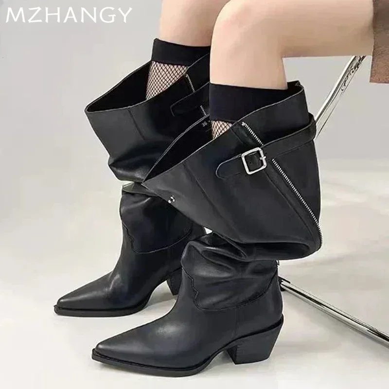 Women Chunky High Boots Leather Designer Sexy Pointed Toe Shoes 2024 Trend New Chelsea Boots Winter Fashion Pumps Mujer Botas