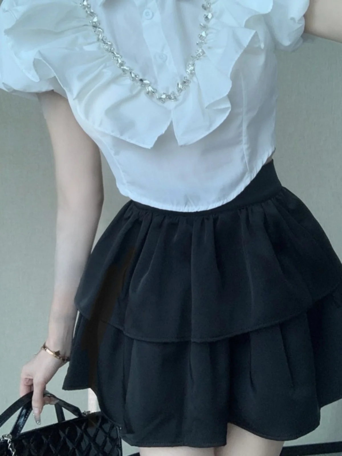 Ele White ort Bubble Sve Collare da donna irt Nicole Rose Brand Commute Sle Colore puro Bottone singolo Multiplo...