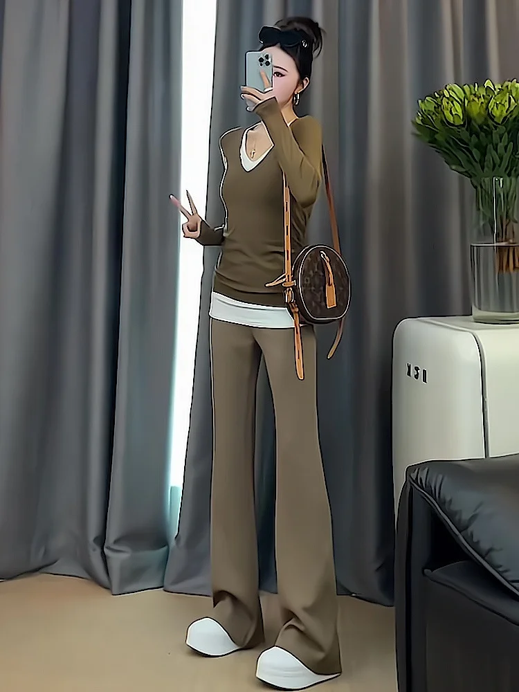 

Комплект спортивной одежды Fitn: топ с V-образным вырезом и длинными рукавами цвета хаки и брюки, женская повседневная спортивная одежда для похудения, эластичная ткань из смесового хлопка